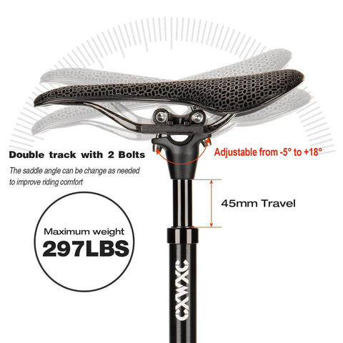 Suspension Bicycle Seat Post With Coil Spring For Comfort Fit, adjustable angle, 45mm travel, max weight 297lbs, saddle close-up