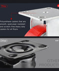 Close-up of Industrial Casters Set Of 4 With Brakes, 6 Inch swivel wheel showing polyurethane tread and aluminum plate.