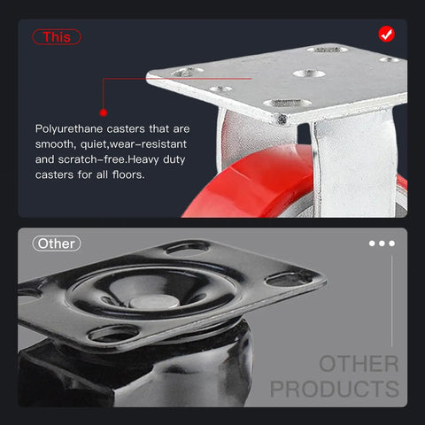 4 Inch Rigid Industrial Casters With Cast Iron Core And Polyurethane Wheels Built Tough Heavy Duty Workhorse 1600 Lb Capacity Rust Resistant showing mounting plate and wheel detail.