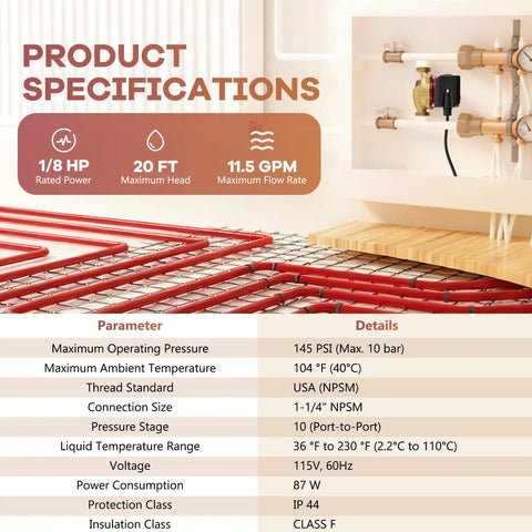 Product specifications for Solid Build 1/8 HP Hot Water Recirculating Pump With 115 Volt 20 Foot Cord And 1 1/4 Inch NPSM Connections.
