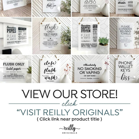 Multiple 6x8 Inch Designer Bathroom Signs displayed with various messages and decor, including 6x8 Inch Designer Bathroom Sign Not Hopes and Dreams With Rope Ready To Hang Wall Decor Premium Glass Like Finish Durable And Washable Break Resistant Made In USA Woman Owned Small Business.