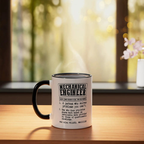 Mech Engineer Gift Mug With Funny Dictionary Definition Ceramic Coffee Cup for Engineers on wooden table.