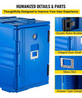 Blue insulated food pan carrier with wheeled front load design for catering and delivery, showing double nylon buckles and menu slot.