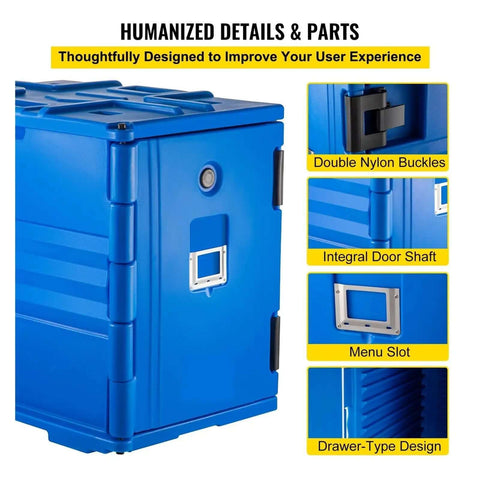 Close-up of blue Insulated Food Pan And Front Load Catering Box with wheels, showing double nylon buckles and menu slot details.