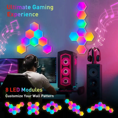 8 Pack Hexagon LED Wall Panels RGB Color Lights With App Control Music Sync And Remote for DIY Bedroom Decor in Game Room