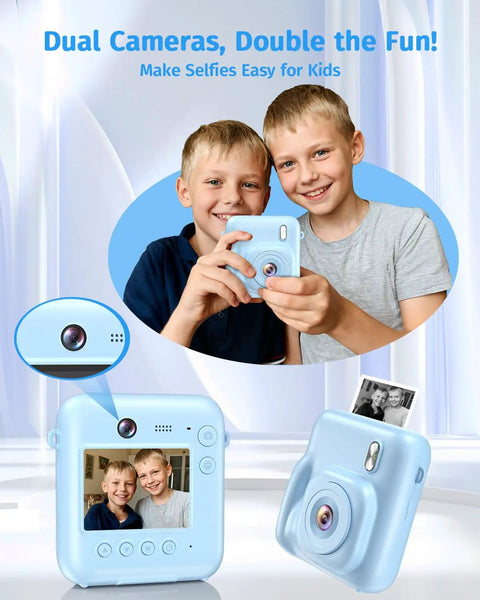 Two boys use a Dual Lens Instant Print Camera For Kids With 1080P Video And Zero Ink Printing Includes 32GB Card And Print Paper Blue Kid Friendly Toy Camera Gift For Boys And Girls Ages 4 To 12 in blue.