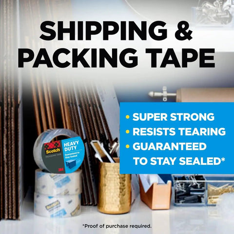 Heavy Duty Clear Shipping Tape Bundle With Dispenser displayed on shelf with packaging materials