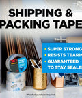 Heavy Duty Packing Tape With Dispenser 1.88 X 54.6 Yd Clear Tape for shipping displayed on a shelf with packing materials.