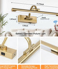 Super Sleek Wireless Picture Light For Wall Featuring Rechargeable Led Art Display With Remote Control smooth brass design dimensions.