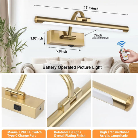 Super Sleek Wireless Picture Light For Wall Featuring Rechargeable Led Art Display With Remote Control smooth brass design dimensions.