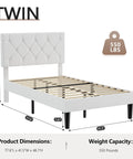 Twin Size Upholstered Platform Bedframe With Iconic Button Tufted Linen Headboard, showing dimensions and weight capacity of 550 lbs.