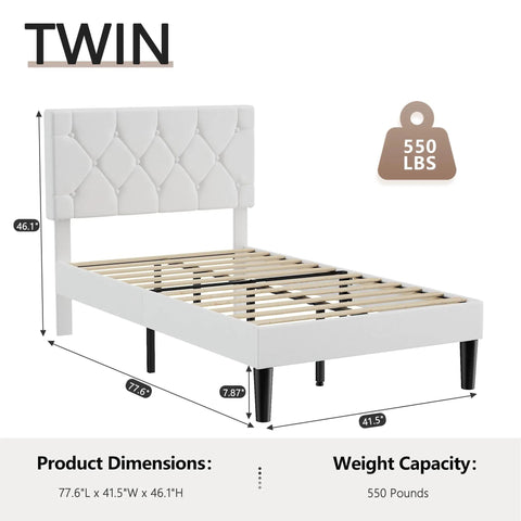 Twin Size Upholstered Platform Bedframe With Iconic Button Tufted Linen Headboard, showing dimensions and weight capacity of 550 lbs.