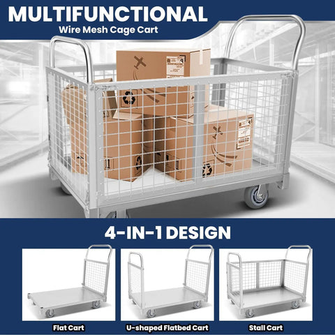 4-In-1 Wire Mesh Cage Cart With 360 Degree Rotating Wheels, Heavy Duty Steel Utility Cart, 2200 Lbs Capacity with boxes