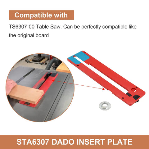 Dado Insert Plate for TS6307-00 Table Saw with washer and nut, precision fit replacement shown on table saw