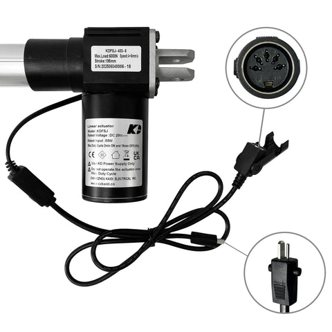 Side view of Kaidi linear actuator KDFSJ-403-6 for power recliner chair; DC 29V motor with plug and circular 6-pin connector