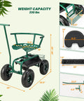 Rolling Garden Seat With Wheels, 360 Degree Swivel, Height Adjustable Work Stool with Cushion, Handle, and Basket, Measurements Shown