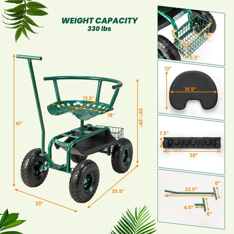 Rolling Garden Seat With Wheels, 360 Degree Swivel, Height Adjustable Work Stool with Cushion, Handle, and Basket, Measurements Shown