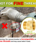 Close-up of Two Pack Three Quarter Inch GHT Hose Bib Backflow Preventers Vacuum Breakers next to incompatible fine thread faucet.