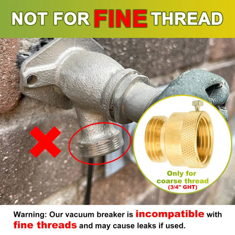 Close-up of Two Pack Three Quarter Inch GHT Hose Bib Backflow Preventers Vacuum Breakers next to incompatible fine thread faucet.