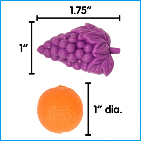 Fruit Counters Set Of 108 Kid Approved Rubber Math Blocks For Toddlers 3 To 5 Preschool Sorting Toys with grape and orange shapes.