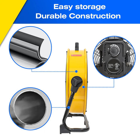 Side view of Heavy Duty 20 Inch High Velocity Drum Floor Fan With Brushless DC Motor And Stepless Speed Control, showcasing durable construction.