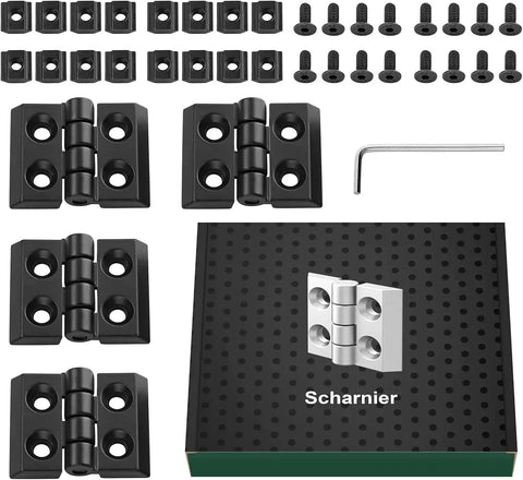 4 Piece Zinc Alloy Hinge For M4 2020 Aluminum Profile Extrusion With 180 Degree Adjustable Swing Includes 16 M4 Groove Nuts 16 M4x10 Screws And 3mm Wrench All In One Hardware Kit For Quick DIY Install, black hinges with screws and wrench