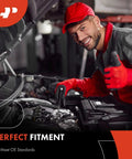 Mechanic working on car engine with focus on perfect fit and OE standards in garage setting.