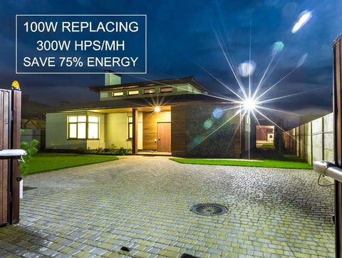 Outdoor LED Flood Light 100W With Dusk To Dawn Photocell, 13000 Lumens, 5000K illuminating a well-lit driveway at night
