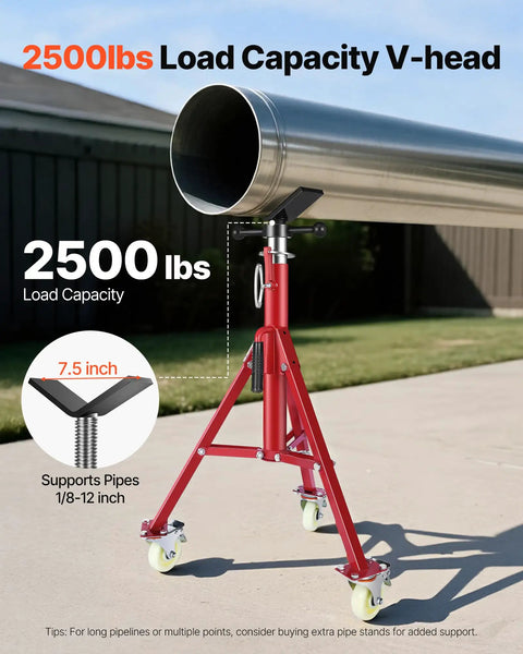 Heavy Duty Pipe Stand With Casters, Adjustable Height From 28 To 52 Inches, V Head Supports Pipes From One Eighth To Twelve Inches