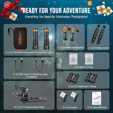 D710V Mk2 Dual Underwater Video Light Kit With 4600 Lumens Two 2300 Lumen Lights Tri Color For GoPro And Action Cam With H02 Camera Tray Handle And Ball Joint Clamps 120 Degree Wide Beam, components shown.