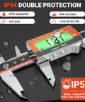 IP54 waterproof Rechargeable 6 Inch Digital Caliper With Large LCD Screen Stainless Steel Vernier Caliper For Fraction Inch Metric Conversions Auto Off USB Charge Long Battery Life Handy Precision Tool with water droplets on surface