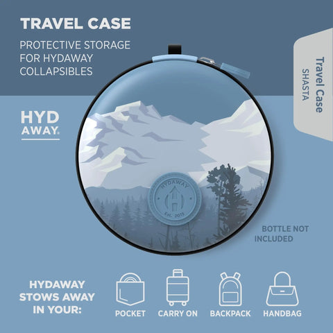 On The Go Travel Case For Collapsible Bottles Bowls And Cups With Carabiner Clip shown with mountain design and logo