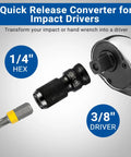 Two Piece Three Eighths To One Quarter Inch Impact Wrench Adapter Set With Quick Release Bit Holder In CrMo Steel With Black Phosphate Finish