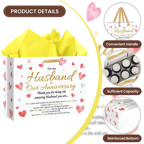 Anniversary Gift Bag For Hubby With Greeting Card And 3 Tissue Paper Romantic Heart Theme, yellow tissue paper, text detail