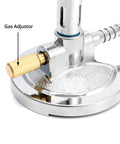 Close-up of Pro Grade Lab Bunsen Burner with zinc alloy base, copper tube, and needle valve gas adjustor for heating and soldering.