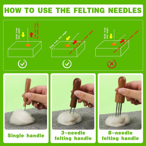 Step-by-step guide to using felting needles with handles from Dope Pro Grade Needle Felting Kit With 90 Felting Needles, 8x10 Mat.
