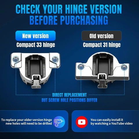 8 Pack Cabinet Hinges Replacement For Compact 31 And 33 Self Closing 110 Degree And 120 Degree Screw On With Wood Screws Included Mounting Plate Not Included Direct Replacement For Older Compact 31 Hinges Requires Re drilling Of Wood Screw Holes. Compact 31 and 33 hinge comparison