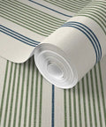 Farmhouse Matte Wallpaper Dope Linen Texture Hella Durable PVC Free Wall Covering rolled with green and blue stripes on white background.