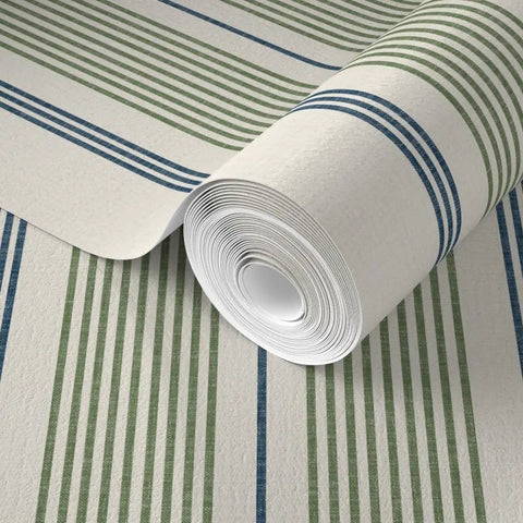 Farmhouse Matte Wallpaper Dope Linen Texture Hella Durable PVC Free Wall Covering rolled with green and blue stripes on white background.