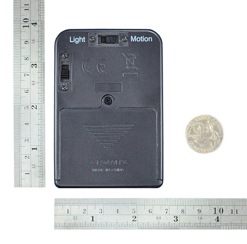 Recording Module In Black Enclosure With Dual Mode Selector Plug And Play Light Mode Or Motion Mode For Auto Display Activation By Walk By Motion Sensor Ideal For Retail Displays And Light Triggered Projects, black plastic case with ruler