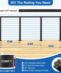 Surface Mount Cable Railing Kit With Black T316 Stainless Steel Rope Flat Top Posts And Swageless Fittings For Straight Up Solid Deck Guardrails No Sweat Heavy Duty DIY Installation 150FT stainless steel cable with posts and handrail displayed.