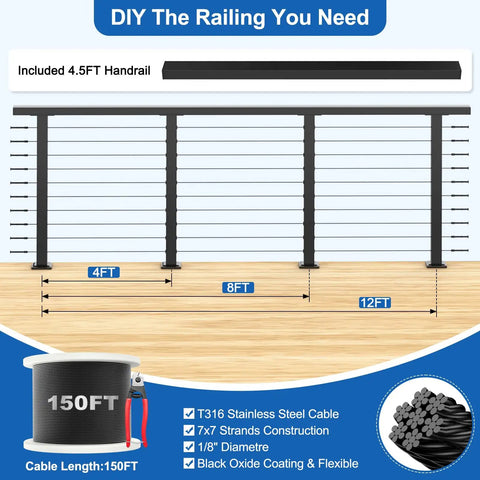 Surface Mount Cable Railing Kit With Black T316 Stainless Steel Rope Flat Top Posts And Swageless Fittings For Straight Up Solid Deck Guardrails No Sweat Heavy Duty DIY Installation 150FT stainless steel cable with posts and handrail displayed.