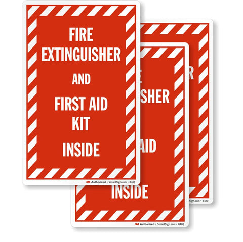 Fire Extinguisher And First Aid Kit Inside Label Set Of 3 With 3M Engineer Grade Reflective Decals Made In USA Laminated Built Tough For Outdoor Use Ready