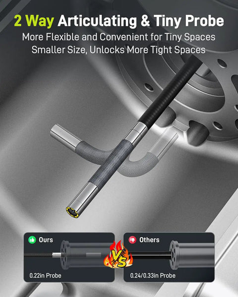 6.6 Foot Articulating Borescope With 210 Degree Two Way Tilt 0.22 Inch Slim Probe in use comparison with larger probes
