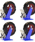 Heavy Duty Swivel Caster Wheel Set Of 4 With Rock Solid Rubber Tires And Dual Lock Brakes For Smooth Silent Rollout 2000 Lb Capacity Per Unit, showing four rubber wheels on blue bases.
