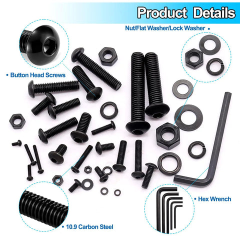 Metric Screw Assortment Kit With 2224 Pieces M2 To M8 Button Head Hex Socket Cap Screws Grade 10.9 Black Oxide Finish Nuts Washers