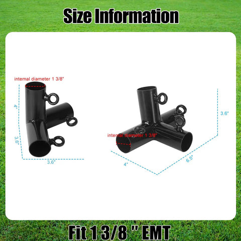 Size diagram of one and three eighths inch trapezoid batting cage corner kit for 1 inch EMTs fits 35 foot and 55 foot frames without foot pad.