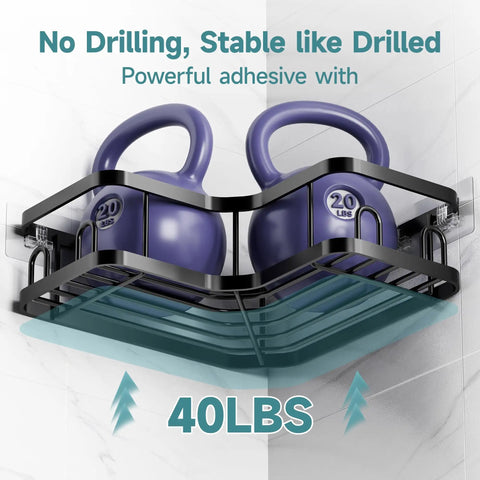 Adhesive Corner Shower Caddy 3-Pack With Soap Holder And Hooks, Space-Saving, No Drill Bathroom Shelves, Rustproof Waterproof Organizer For Small Bathrooms, Kitchen And Rental Friendly, Black holding weights
