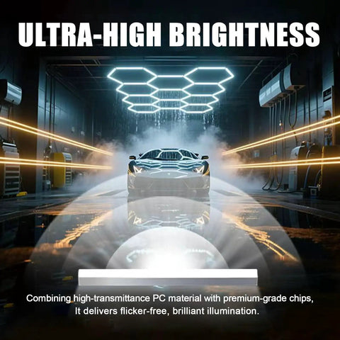 Geometric Hexagon Garage LED Light Panels With Blue Frame No-Fuss Install Ultra Bright 6500K 672W 86400LM 14 Grid Honeycomb Ceiling Lights illuminating a car workshop.