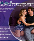 Happy couple displaying 2-Pack Magnesium Complex For Women And Men, The Go-To 24-In-1 Magnesium Supplement with Glycinate, Malate, Citrate, Ashwagandha, L-Theanine and NAD Plus, Supports Calm, Energy, Sleep and Muscle Recovery